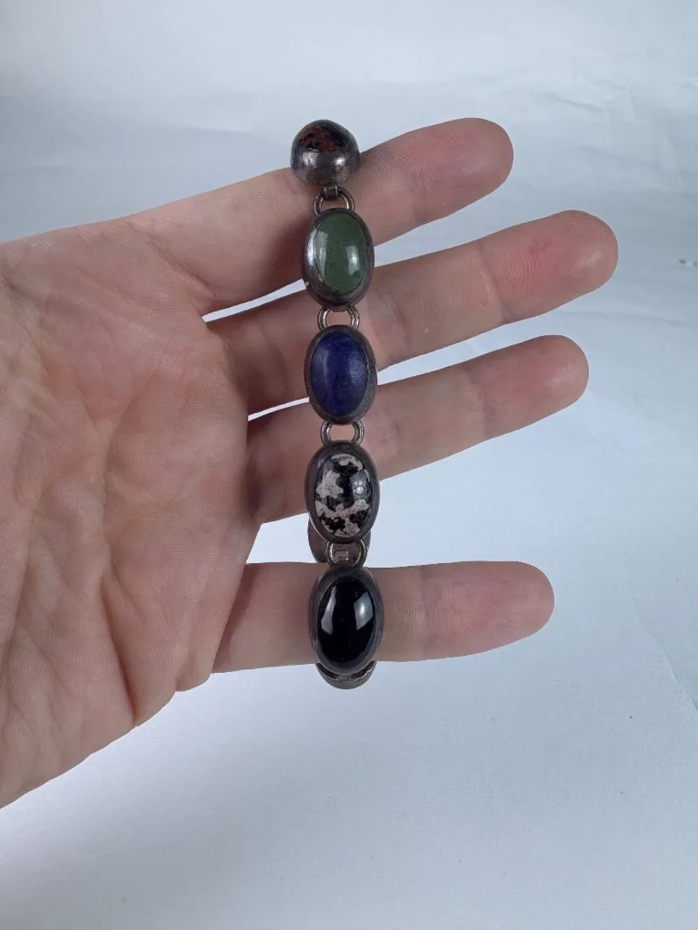 Vintage Taxco Mexico 925 Sterling Silver Multi-Stone Link Bracelet | Lapis